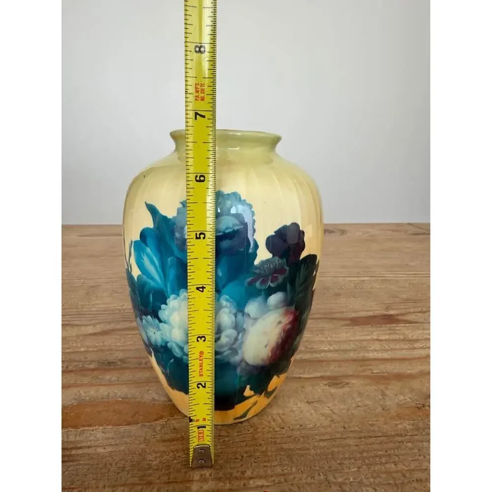 Vase 7” cream Purple Blue Vintage Paper Mache Over Ceramic Floral Roses